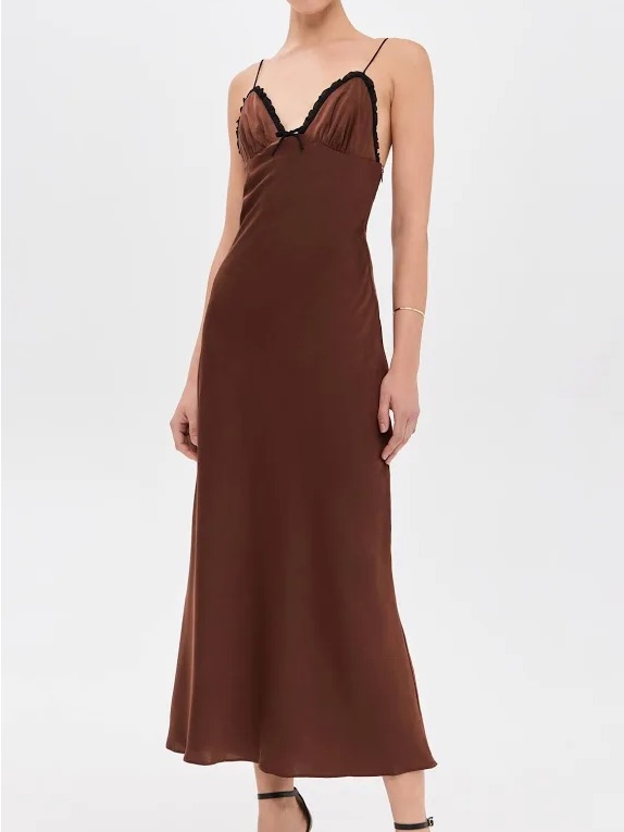 Nia Chocolate Brown Maxi Slip Dress With Black Lace Trim Like New